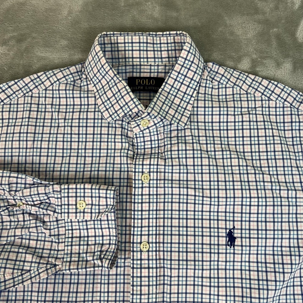 Polo Ralph Lauren Shirt Mens Large Blue Pink Check Long Sleeve Button Down